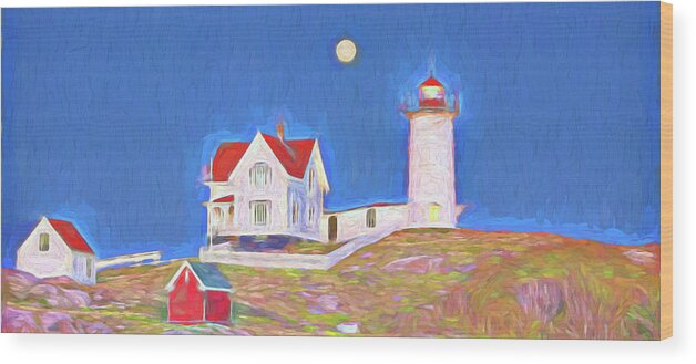 Vacationland Wood Print featuring the digital art Nubble Lighthouse with Moon by David Smith