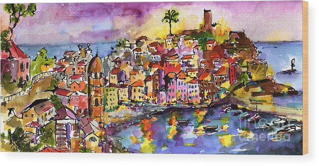 Vernazza Wood Print featuring the painting Vernazza at Night by Ginette Callaway