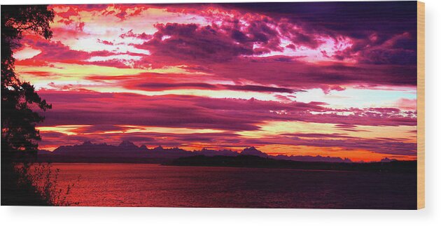Red Sky Panorama Wood Print featuring the photograph Whidbey Red Sky Morning by Mary Gaines