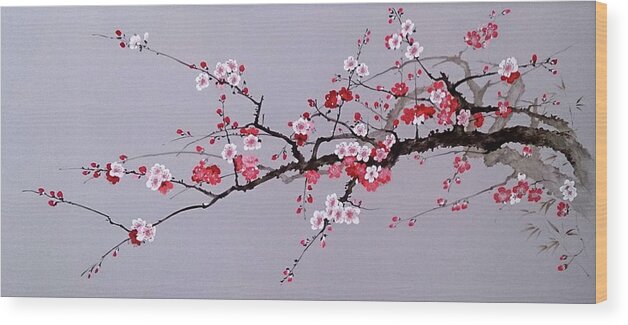 Russian Artists New Wave Wood Print featuring the painting Cherry Branch with Pink, White and Red Flowers by Alina Oseeva