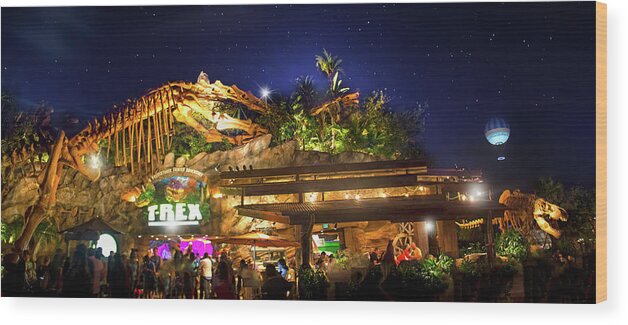 T-rex Cafe Wood Print featuring the photograph T-Rex Cafe at Disney Springs by Mark Andrew Thomas