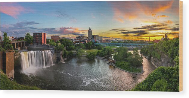 High Falls Rochester Ny At Sunset Wood Print featuring the photograph High Falls Rochester At Sunset by Mark Papke
