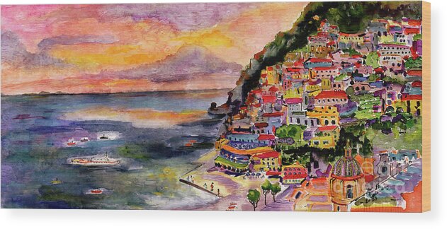 Paintings Of Italy Wood Print featuring the painting Positano Italy Amalfi Coast Panorama 2 by Ginette Callaway