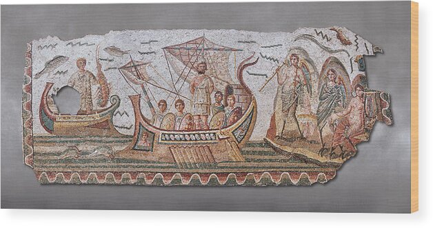 Venus Mosaic Wood Print featuring the photograph Roman mosaic of Ulysses resisting the songs of the Sirens- Bardo Museum Tunis by Paul E Williams
