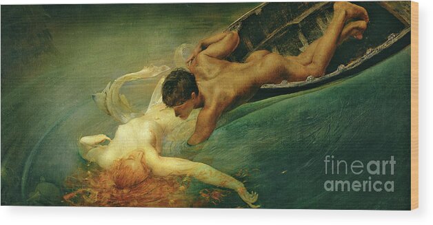 The Siren Wood Print featuring the painting The Siren, Green Abyss by Giulio Aristide Sartorio
