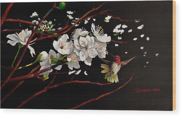 Birds Wood Print featuring the painting Plum blossoms and Anna's hummingbird by Dana Newman