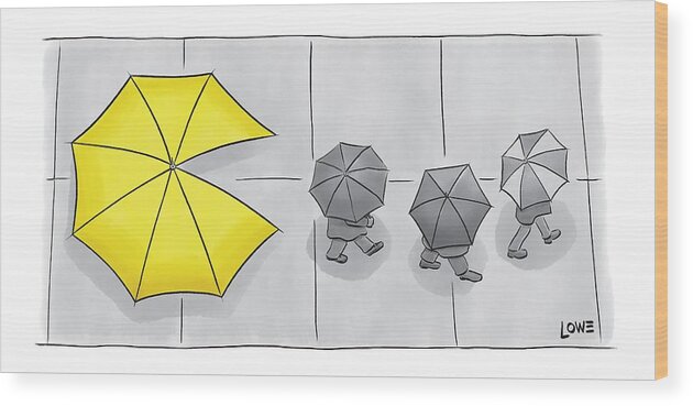 Pac-man Wood Print featuring the drawing A Yellow Umbrella With A Pacman Mouth by Christian Lowe