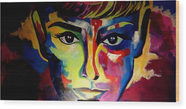 Audrrey Hepburn In Colorful Abstract Artistic Realism Wood Print featuring the painting Audrey by Femme Blaicasso