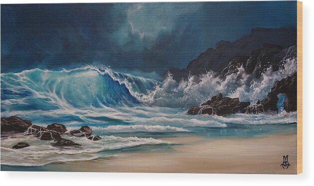 Wave Wood Print featuring the painting Blue on Blue by Marco Aguilar