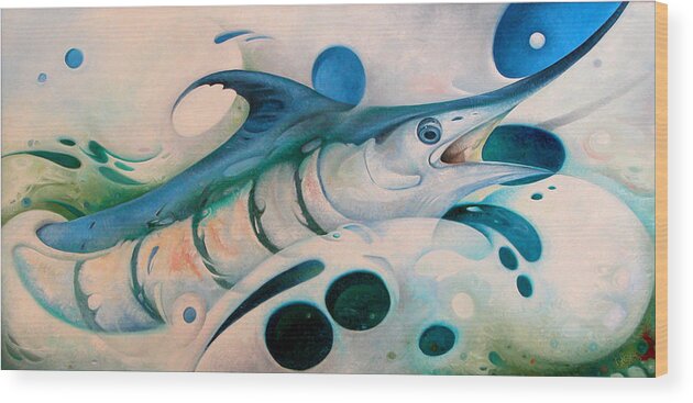 Blue Marlin Wood Print featuring the painting Breaking the Surface Two O Clock by T S Carson