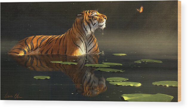 Tiger Wood Print featuring the digital art Butterfly Contemplation by Aaron Blaise
