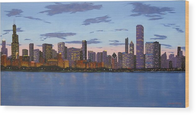 Chicago Paintings Wood Print featuring the painting Chicago Skyline -- Evening Approaches by J Loren Reedy