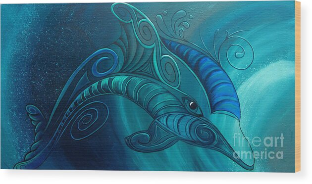Dolphin Wood Print featuring the painting Dolphin Rua by Reina Cottier