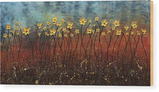 Abstract Art Wood Print featuring the painting Golden Flowers by Carmen Guedez