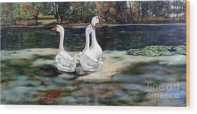 White Chinese Goose Wood Print featuring the painting Goose Landscape by Leandria Goodman