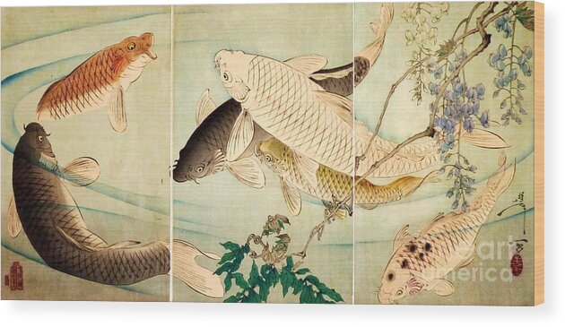 U.s.pd.pd-art: Reproduction Wood Print featuring the painting Koi Swimming under Wisteria by Thea Recuerdo