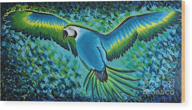 Macaw Wood Print featuring the painting Macaw In Flight by Preethi Mathialagan