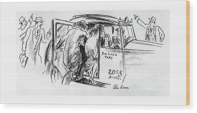 113713 Adu Alan Dunn People Rushing Into A Taxi Before The Occupant Can Get Out. Before Cab Cabbie Cabs Can Crowd Get Hour Hurry Into Metro Occupant Out Passenger Passengers People Rush Rushing Taxi Taxis Transit Transportation Yellow Wood Print featuring the drawing New Yorker November 25th, 1944 by Alan Dunn