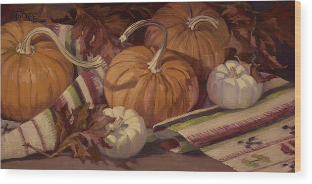 Pumpkins Wood Print featuring the painting Pumpkins and Leaves by Jane Thorpe