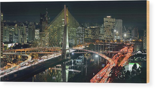 Panoramic Wood Print featuring the photograph Sao Paulo - Ponte Estaiada Sao Paulo by Carlos Alkmin