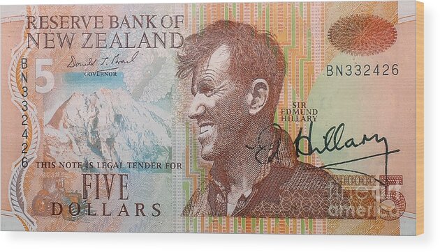 Prott Wood Print featuring the photograph Sir Edmund Hillary signed banknote by Rudi Prott