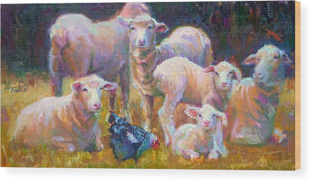 Lamb Wood Print featuring the painting Stranger at the Well - spring lambs sheep and hen by Talya Johnson