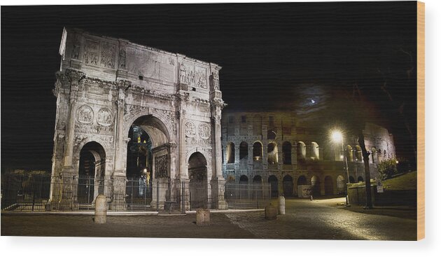 Rome Wood Print featuring the photograph The Arch of Constantine and the Colosseum at night by Weston Westmoreland