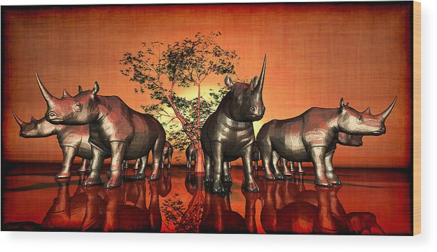 Andrei Wood Print featuring the digital art Twelve sad rhinoceros at sunset 2.0 by Andrei SKY