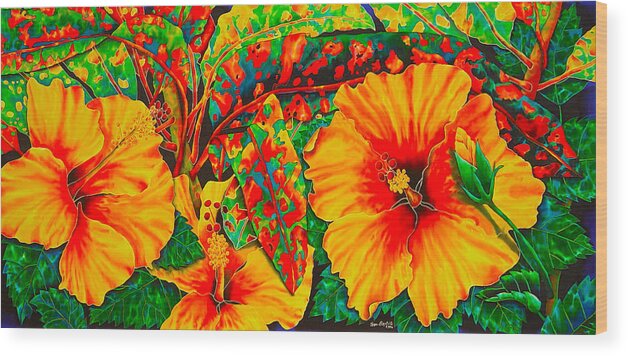 Hibiscus Flower Wood Print featuring the painting Hibiscus with Crotons by Daniel Jean-Baptiste