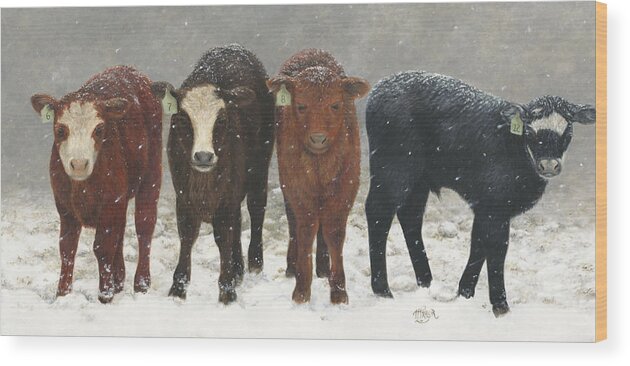 Calves In Winter Wood Print featuring the painting Inquisitive Calves by Tammy Taylor