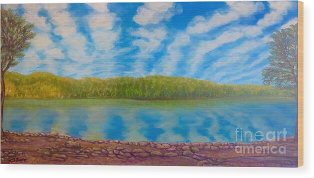 Serene Painting Fort Loudon Lake Reflection On Bright Blue Lake Water Nature Scene Lake Paintings Acrylic Paintings Wood Print featuring the painting My Serenity Lies in a Place Between Heaven and Earth #1 by Kimberlee Baxter