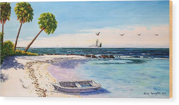 Gulf Wood Print featuring the painting A Nice Day at the Beach by Jerry SPANGLER