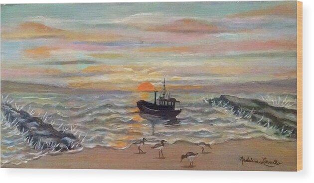 Seascape Wood Print featuring the painting Boat At Dawn by Madeline Lovallo