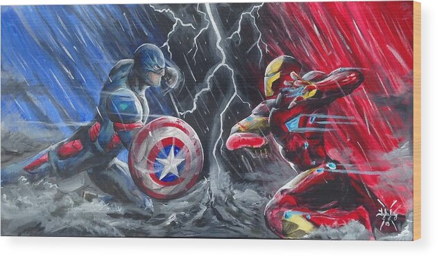 Ironman Wood Print featuring the painting Captain American vs ironman by Tyler Haddox