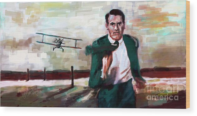 Cary Grant Wood Print featuring the digital art Cary Grant North by Northwest Crop Duster by Ginette Callaway