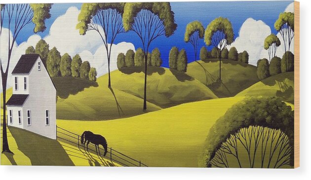 Art Wood Print featuring the painting Downhill graze - folk art landscape by Debbie Criswell