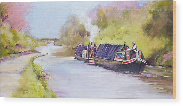Narrow Boat Wood Print featuring the painting ' Early Start' by Penny Taylor-Beardow
