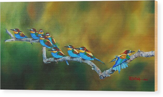 Birds Wood Print featuring the painting European Bee Eaters by Dana Newman