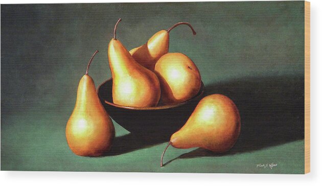 Frank Wilson Wood Print featuring the painting Five Golden Pears With Bowl by Frank Wilson