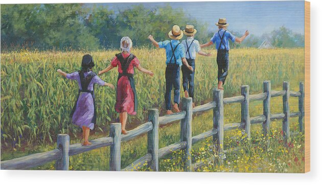 Amish Children Wood Print featuring the painting Girls Can To by Laurie Snow Hein