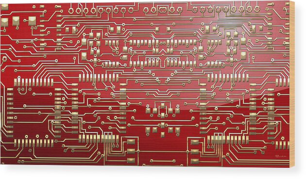 visual Art Pop By Serge Averbukh Wood Print featuring the photograph Gold Circuitry on Red by Serge Averbukh