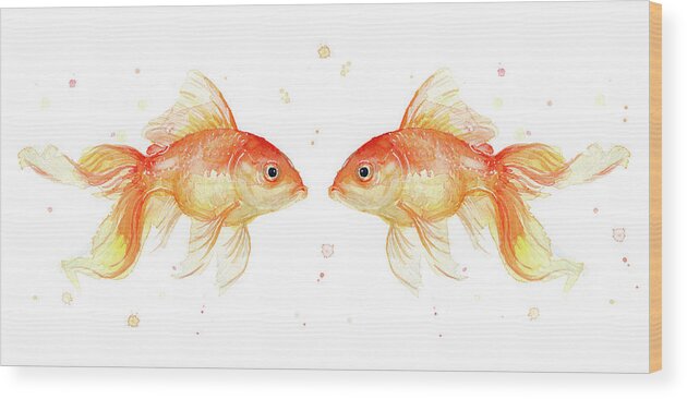 Gold Wood Print featuring the painting Goldfish love Watercolor by Olga Shvartsur