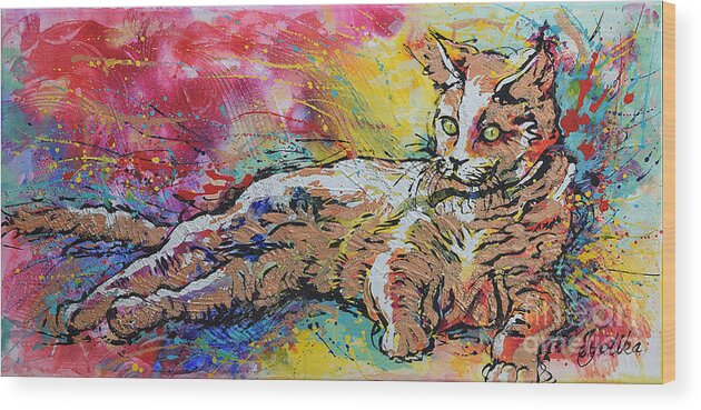 Cat Wood Print featuring the painting Green Eye Katze by Jyotika Shroff