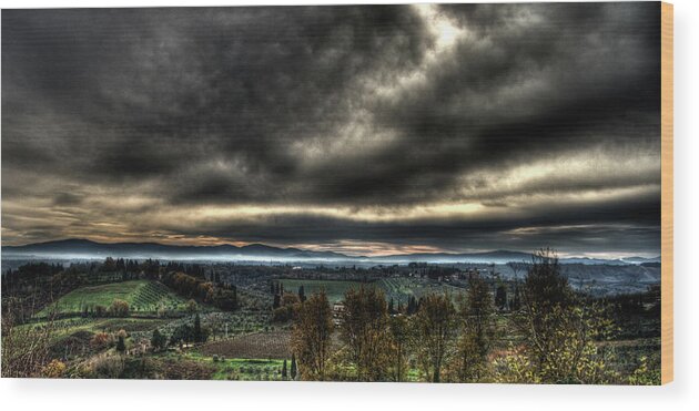 Hdr Wood Print featuring the photograph HDR tuscany sunset by Andrea Barbieri