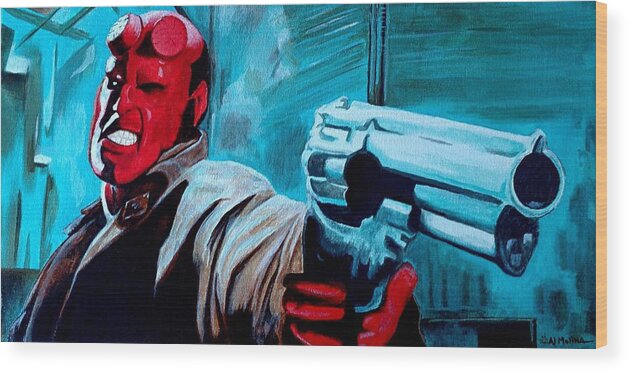 Hellboy Wood Print featuring the painting I'm fire proof you're not by Al Molina