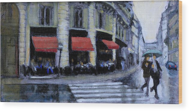 Rainy Paris Street Scene Wood Print featuring the painting La Parisienne by David Zimmerman