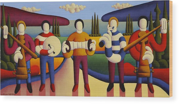 Irish Contemporary Wood Print featuring the painting Music Trad Session With Five Soft Musicians by Alan Kenny