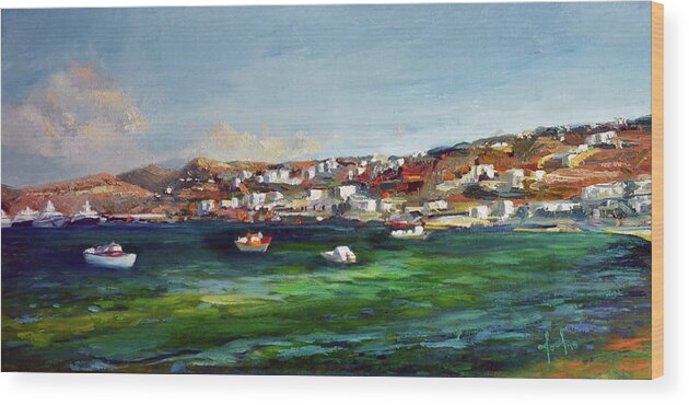  Wood Print featuring the painting Mykonos Harbour by Josef Kelly
