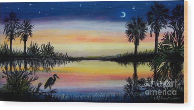 Palmetto Night Wood Print featuring the painting Palmetto Tree and Moon Low Country Sunset by Pat Davidson