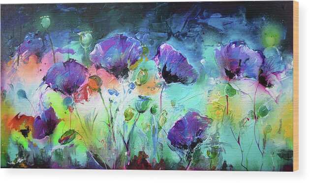 Abstract Wood Print featuring the painting Purple Opium Poppy, Poppies Modern Painting by Soos Roxana Gabriela